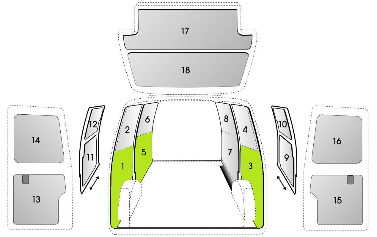 Seitenverkleidung Sowaflex Volkswagen Der neue Transporter Baujahr ab 2025 L1 Radstand 3.100 mm Schiebetüre rechts 1+3+5