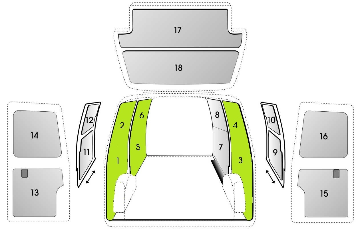 Seitenverkleidung Sowaflex Ford Transit Baujahr ab 2014 Mittelhochdach Front + Heck mittel 1-6 