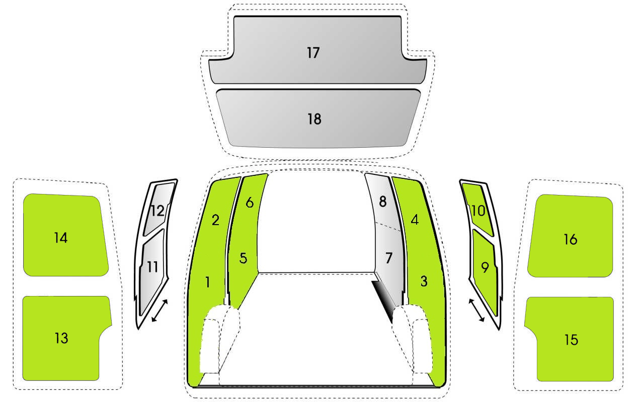 Seitenverkleidung Sowaflex VW Caddy Cargo Maxi L2 Normaldach - 1-6+9-10+13-16